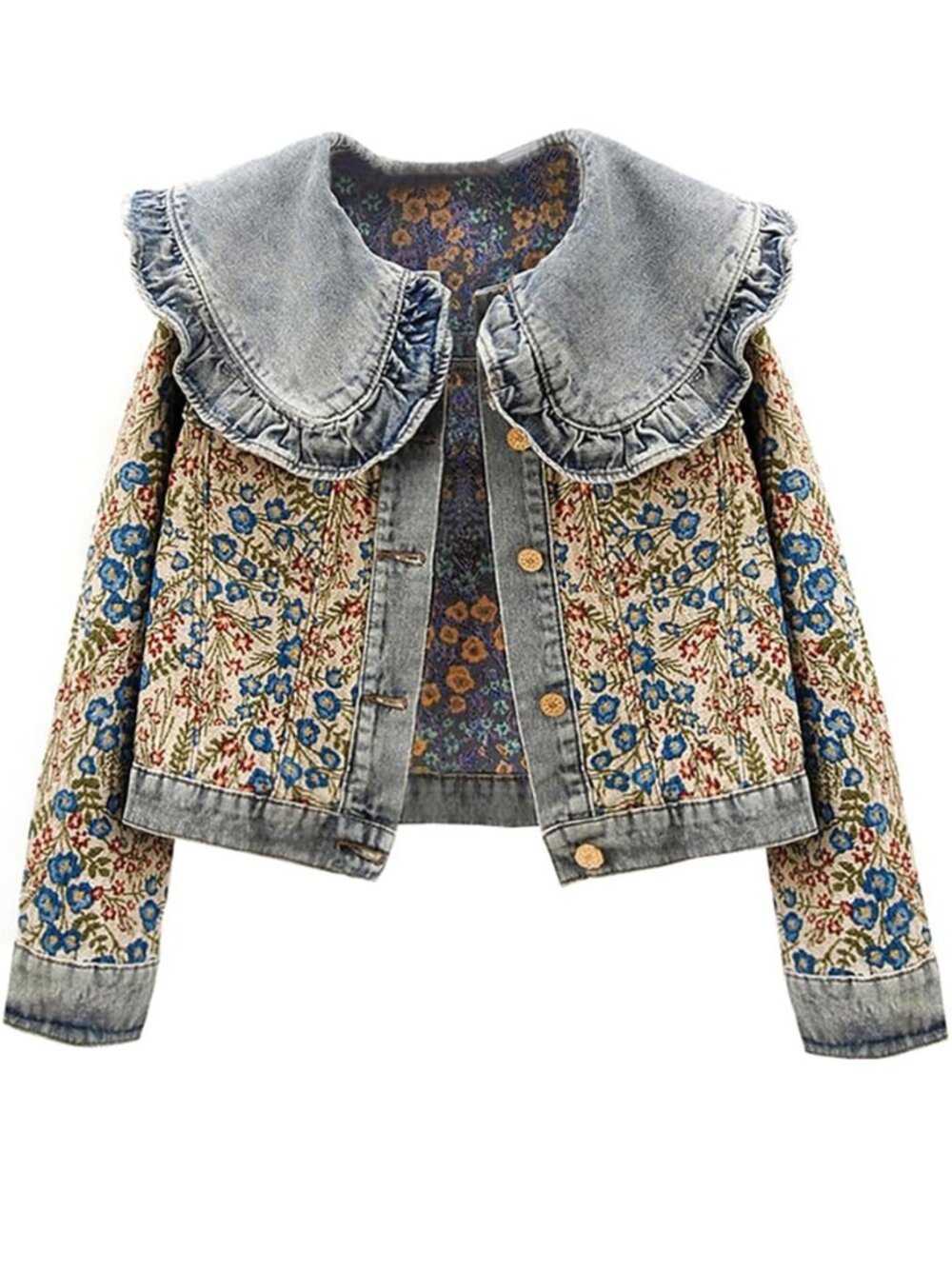 Women's Jacquard Denim Jacket Long Sleeve Peter Pan Collar Floral Crop Jean